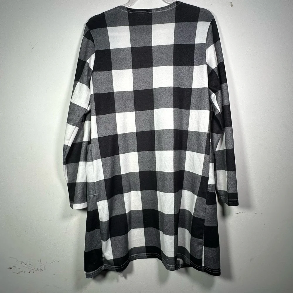 Womens Black White Buffalo Plaid Long Duster Open Cardigan Sweater Coat Jacket S